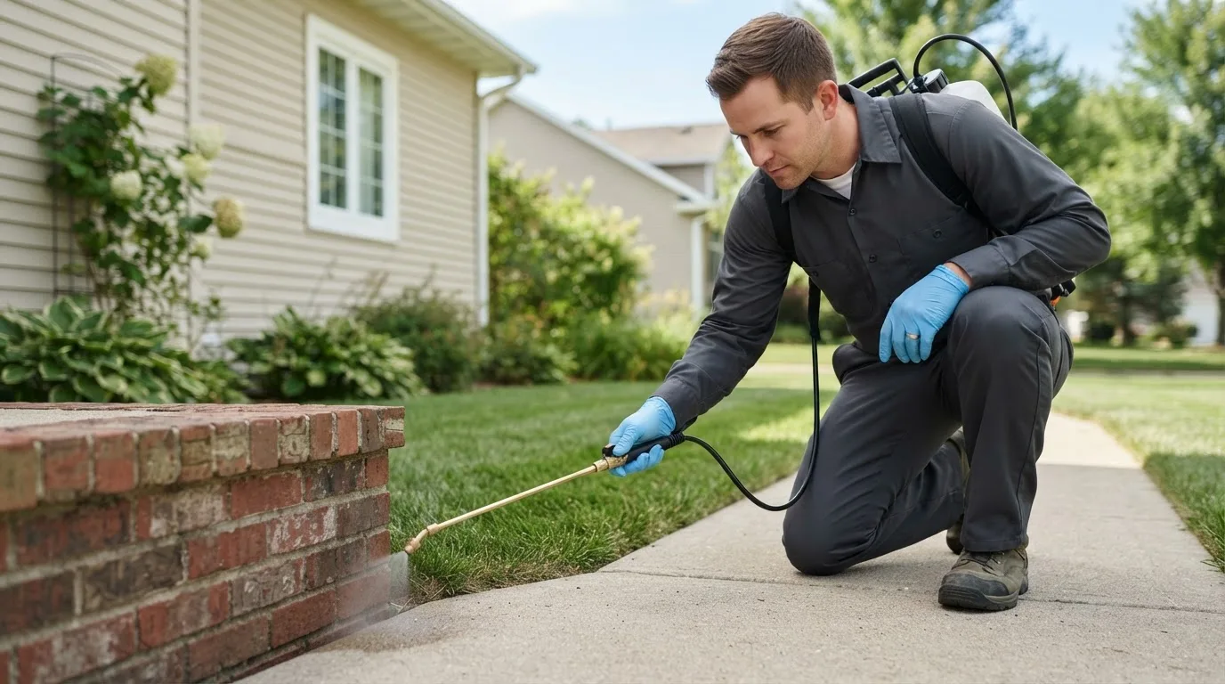 Pest control technician treating a home near Kamrar, IA