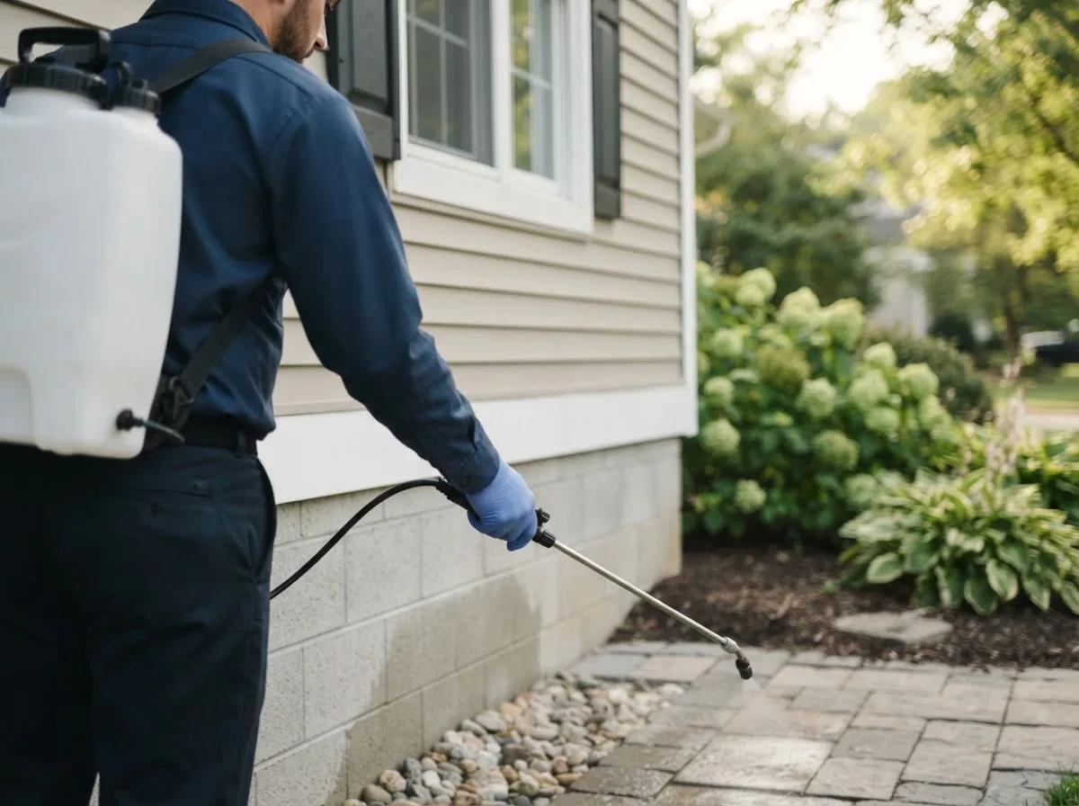 Pest control technician inspecting a home in Kamrar, IA